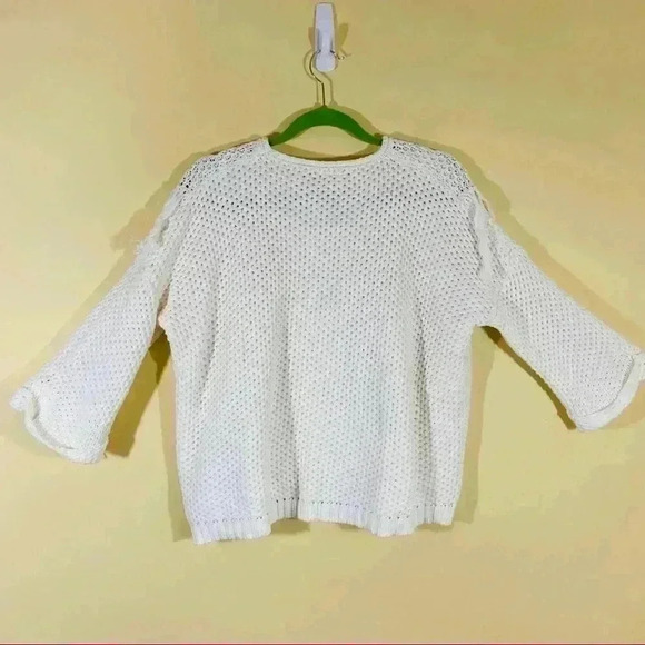 PPLA Creme Crochet 3/4 Sleeve 100% Cotton Loose Knit Cropped Sweater Size S - Picture 9 of 13